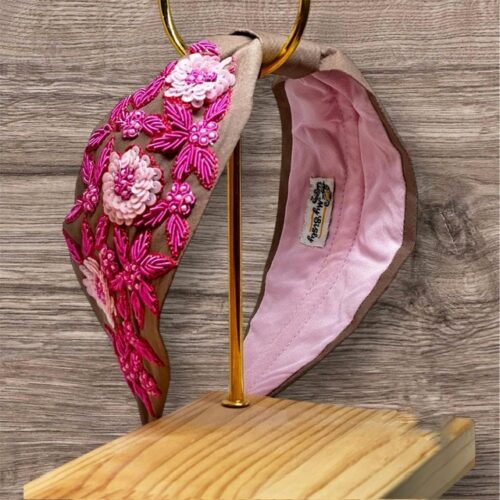 Haarband Roze met geborduurde bloemen