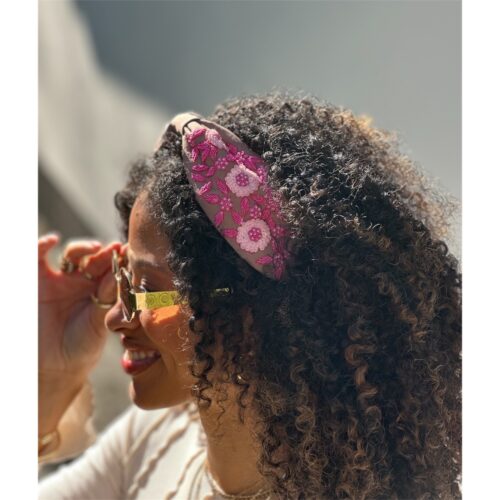 Haarband Roze met geborduurde bloemen